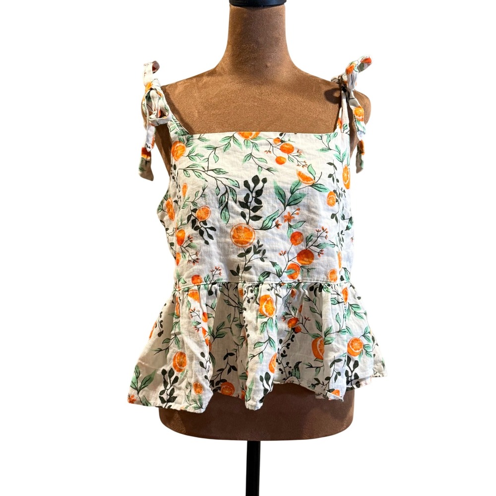 Joie Linen Peplum Cami Women M White Orange Tie Shoulder Citrus Cottagecore